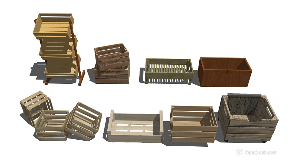 Various Styles Natural Wooden Crates With Stackable And Flat Storage Designs 3d model 