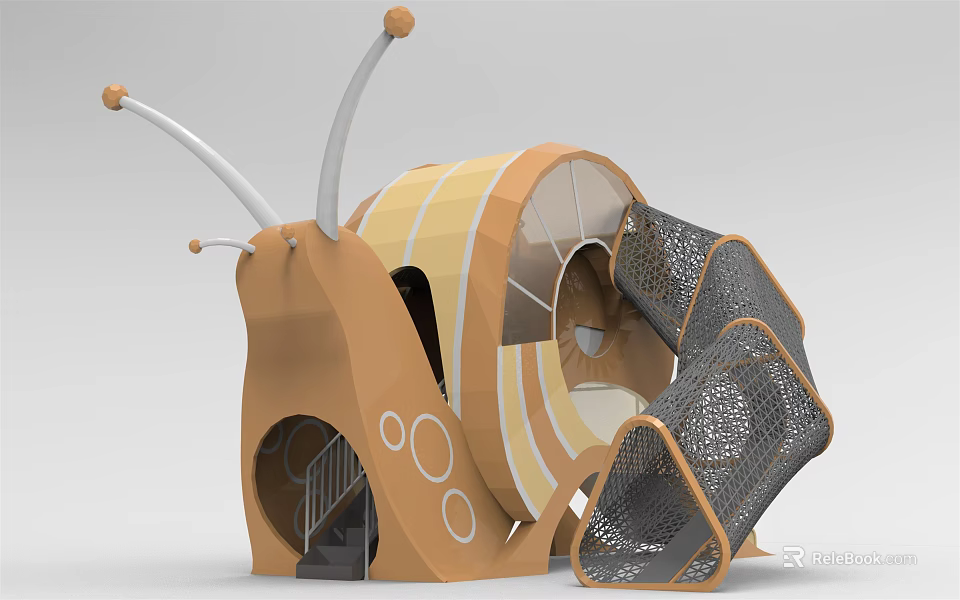 Brown Yellow Snail Shaped Playground Equipment With Climbing Net And Slide 3d model 