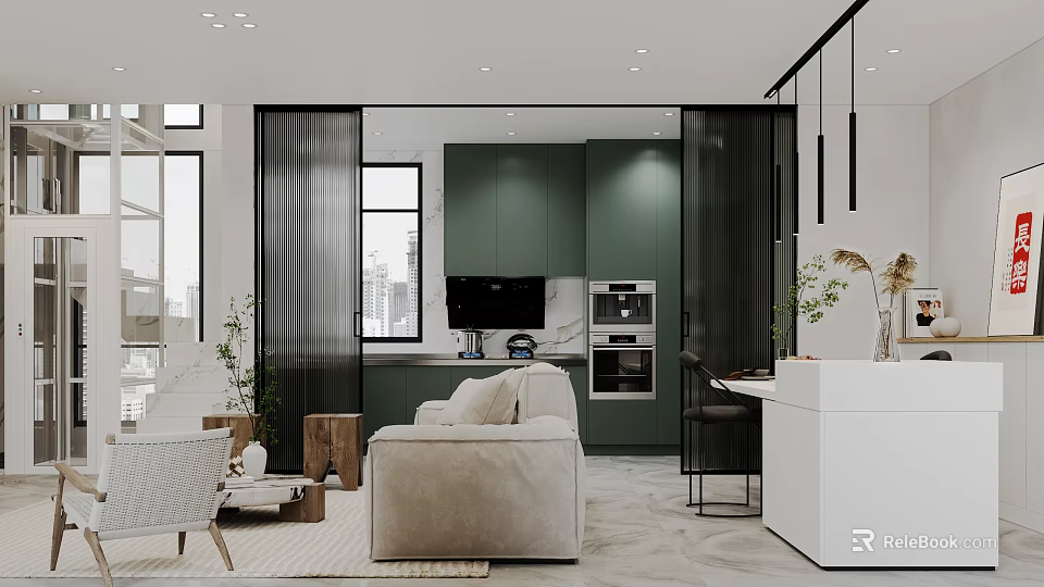 Modern Open Concept Dining and Living Room Interior With Green Cabinets Beige Sofa And Marble Countertop 3d model 