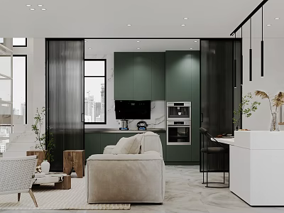 Modern Open Concept Dining and Living Room Interior With Green Cabinets Beige Sofa And Marble Countertop 3d model
