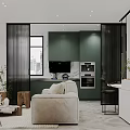 Modern Open Concept Dining and Living Room Interior With Green Cabinets Beige Sofa And Marble Countertop