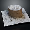 Natural Wooden Stump Placed on Square Stone Slab with Small Stones and Plants