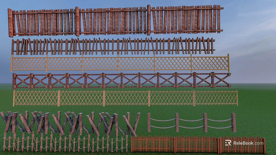 Different Garden Fence Styles With Wooden Woven Cross And Rope Designs 3d model 