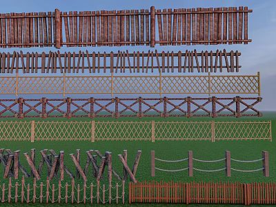 Different Garden Fence Styles With Wooden Woven Cross And Rope Designs 3d model