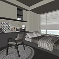 Tatami Bedroom Interior With Platform Bed Storage Cabinets Window Blinds Desk And Chair