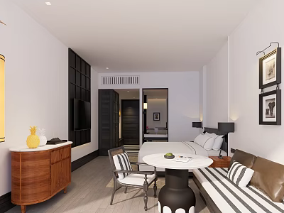 Modern Hotel Room With Striped Sofa Round Table Wooden Dresser And Wall Paintings 3d model