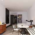 Modern Hotel Room With Striped Sofa Round Table Wooden Dresser And Wall Paintings