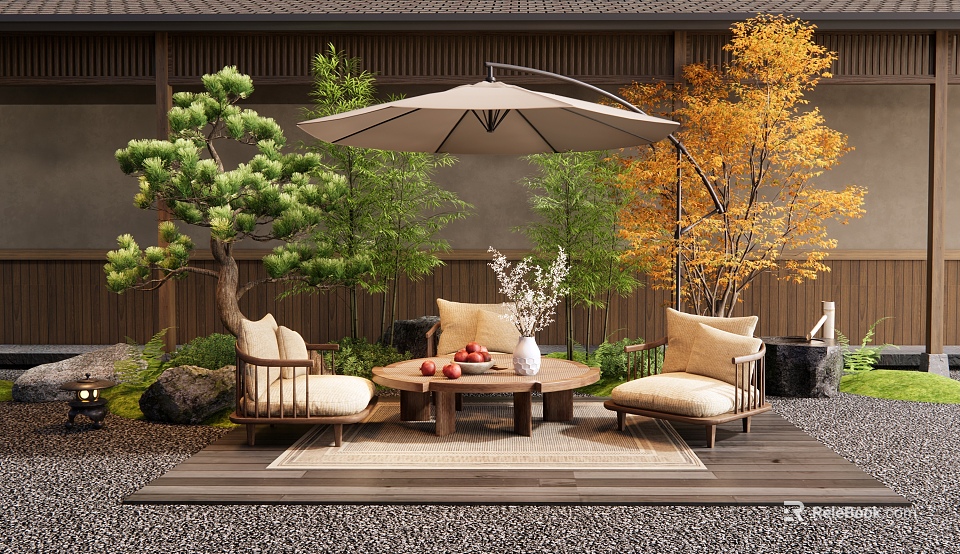Wooden Landscape Seats In Outdoor Garden With Round Coffee Table Parasol And Green Plants 3d model 