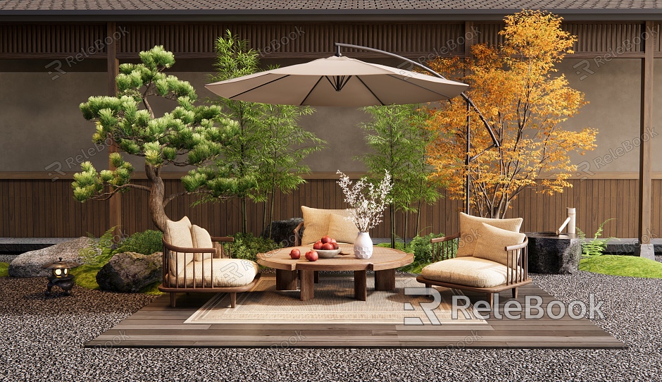 Japanese-style outdoor table and chair courtyard micro-landscape stone landscape landscape landscape tree plant landscape water bowl model