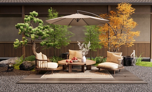 Japanese-style outdoor table and chair courtyard micro-landscape stone landscape tree plant landscape water bowl 3d model