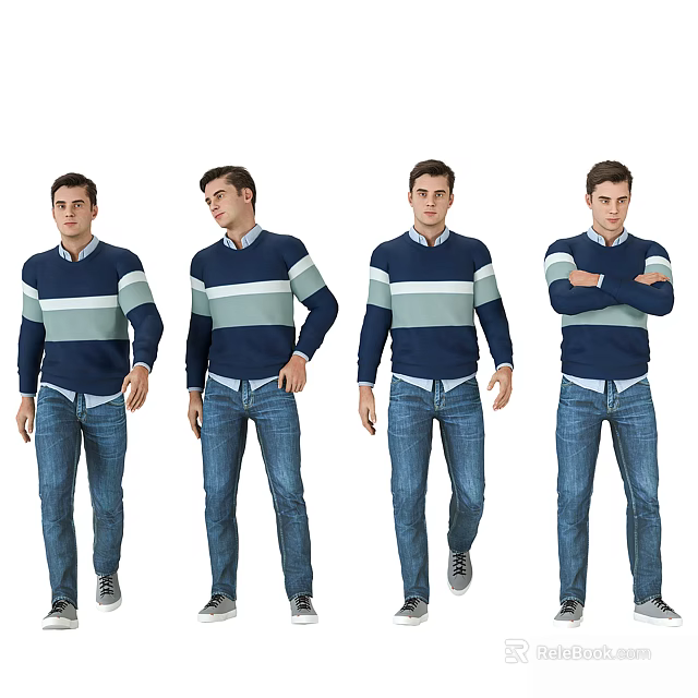 Man In Blue And White Long Sleeved Striped Sweater With Blue Jeans In Various Poses 3d model 
