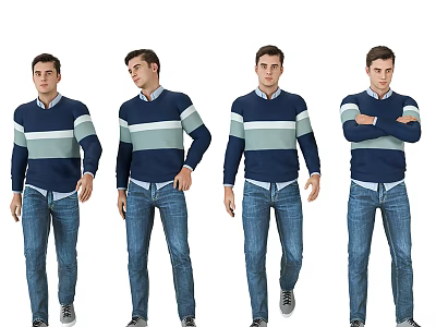 Man In Blue And White Long Sleeved Striped Sweater With Blue Jeans In Various Poses 3d model