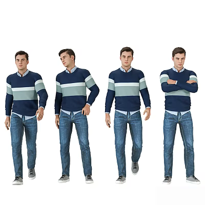 Man In Blue And White Long Sleeved Striped Sweater With Blue Jeans In Various Poses 3d model