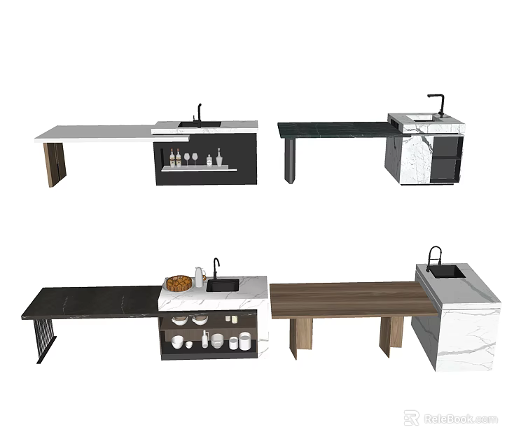 Multiple Kitchen Counter Designs With Sink Faucet And Tableware In Different Styles 3d model