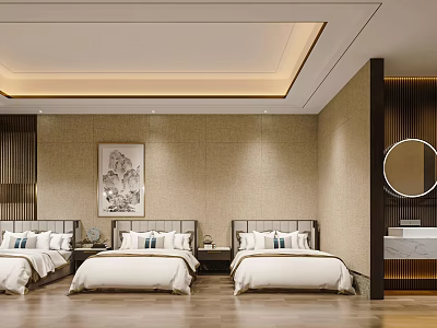 Hotel Guest Room Interior With Three Beds White Sheets Decorative Painting And Wooden Flooring 3d model