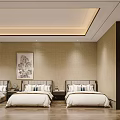 Hotel Guest Room Interior With Three Beds White Sheets Decorative Painting And Wooden Flooring