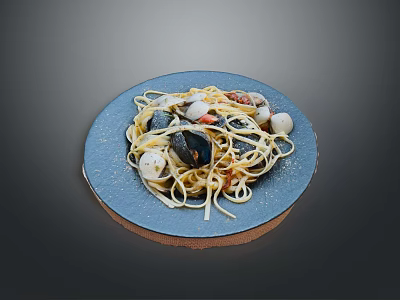 Tasty Seafood Spaghetti With Mussels Clams On Blue Plate And Savory Sauce 3d model