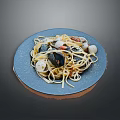 Tasty Seafood Spaghetti With Mussels Clams On Blue Plate And Savory Sauce