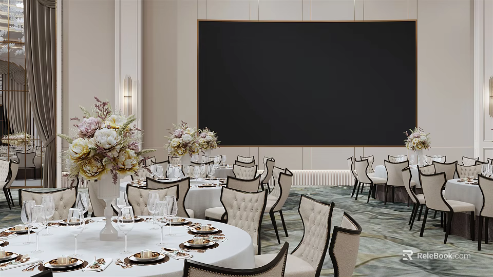 Banquet Hall Interior With Round Dining Tables Tableware Floral Bouquets And Chairs 3d model 