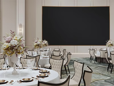 Banquet Hall Interior With Round Dining Tables Tableware Floral Bouquets And Chairs 3d model
