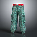 Green Camouflage Cargo Pants With Red Belt And Multiple Pockets 3d model
