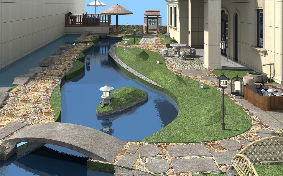 Tranquil Garden Landscape With Curved Pond Stone Bridge Green Lawn And Stone Lanterns 3d model 