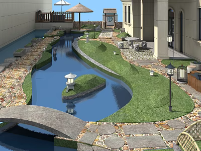 Tranquil Garden Landscape With Curved Pond Stone Bridge Green Lawn And Stone Lanterns 3d model
