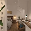 Modern Hotel Guest Room With Bed Quilt Pillows Decorative Painting Sofa Desk And Wooden Floor