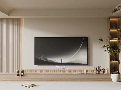 Elegant Modern TV Background Wall With Striped Panel TV Cabinet Ornaments And Potted Plant 3d model