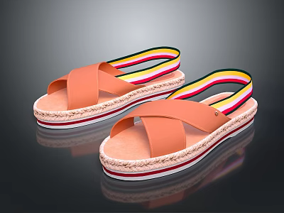 Orange Cross Strap Sandals With Colorful Stripes Straw Woven Sole Casual Summer Footwear 3d model