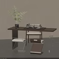 Modern Wooden Tea Table And White Cushioned Chairs With Potted Plant And Tea Set