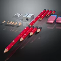 Red Decorative Pencils with Sharpener and Pink Erasers on Black Reflective Surface 3d model