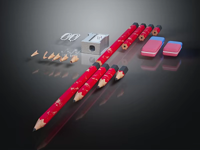 Red Decorative Pencils with Sharpener and Pink Erasers on Black Reflective Surface 3d model