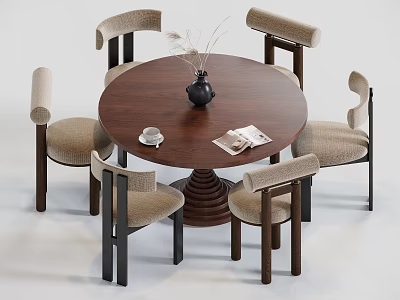 Round Dark Wood Dining Table Set with Six Beige Fabric Chairs and Vase 3d model