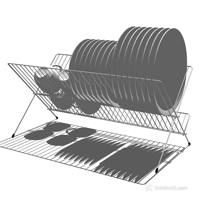 Practical Kitchen Dishware Set with Plates Bowls and Cups on Metal Drying Rack 3d model 