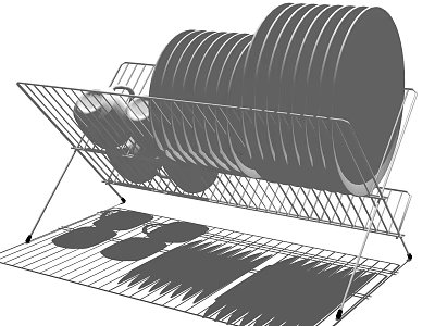 Practical Kitchen Dishware Set with Plates Bowls and Cups on Metal Drying Rack 3d model