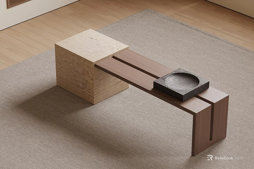 Modern Wooden Stool With Marble Top Placed On Beige Rug Interior Design 3d model 