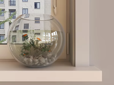 Goldfish And Aquatic Plants In Fishbowl With Pebbles By Window 3d model