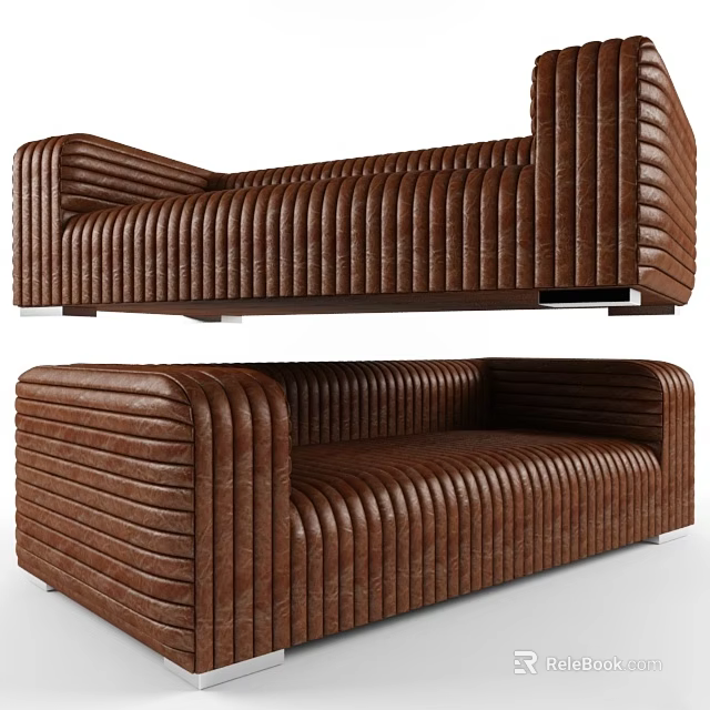 Brown Leather Two-Seater Sofa With Vertical Ribbed Design And Modern Style 3d model