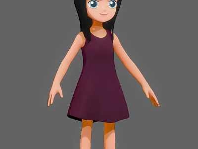 3D Game and Movie Character with Long Black Hair Blue Eyes in Purple Sleeveless Dress 3d model