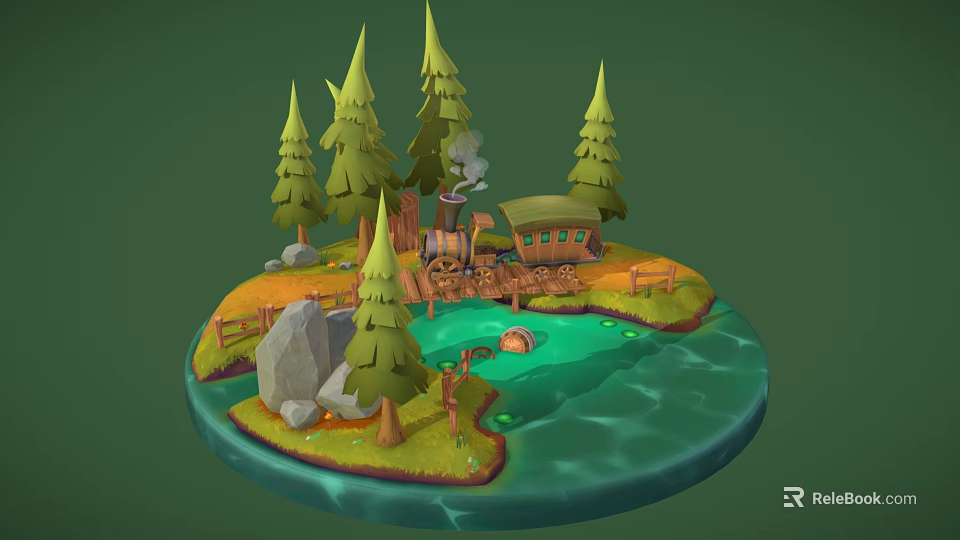 Cartoon Island Scene With Pine Trees Wooden Cabin Green Water Rocks And Wooden Fence 3d model 