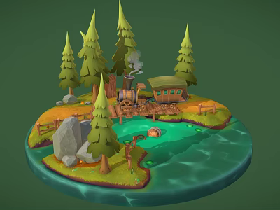 Cartoon Island Scene With Pine Trees Wooden Cabin Green Water Rocks And Wooden Fence 3d model