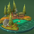 Cartoon Island Scene With Pine Trees Wooden Cabin Green Water Rocks And Wooden Fence
