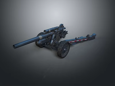 Military Towed Artillery Weapon Featuring Long Gun Barrel And Metal Wheel Carriage 3d model