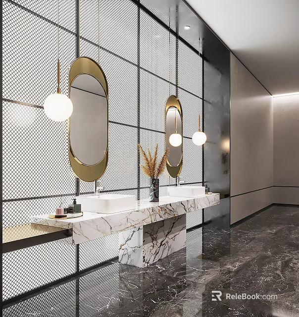 Modern Bathroom Double Vanity Sink with Marble Countertop and Gold Framed Oval Mirrors 3d model 