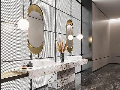 Modern Bathroom Double Vanity Sink with Marble Countertop and Gold Framed Oval Mirrors 3d model