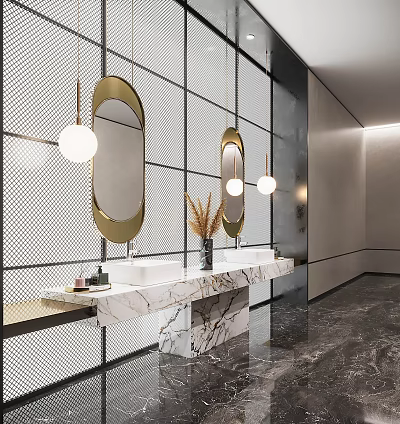 Modern Bathroom Double Vanity Sink with Marble Countertop and Gold Framed Oval Mirrors 3d model