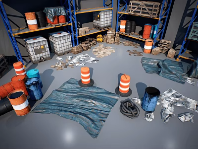 Industrial Equipment Storage Racks With Drums Warning Cones Rolls And Metal Sheets 3d model