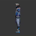 Futuristic Masked Character In Blue Purple Combat Outfit With White Hair