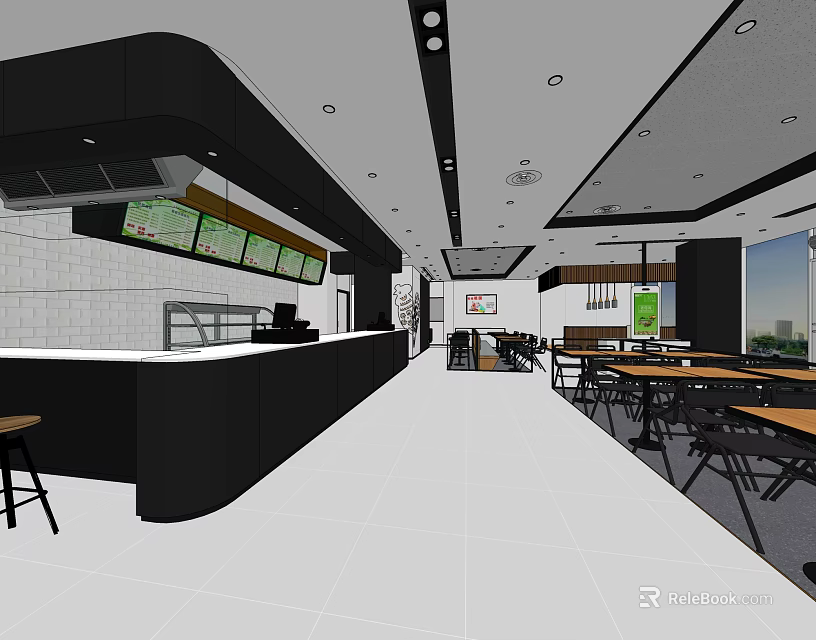 Modern Restaurant Interior With Open Kitchen Dining Tables Chairs And Lighting 3d model